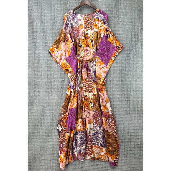 Aakaa Maxi Dress Womens Size S Multicolor Patchwork Kimono Sleeves V-Neck - Picture 2 of 8